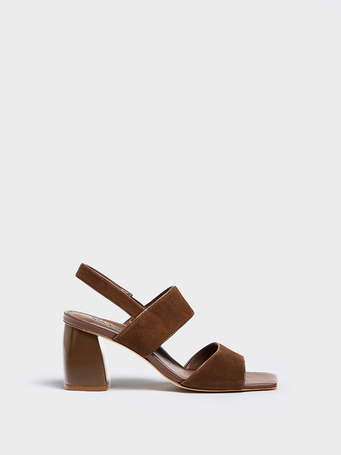 Profile view of a mocha brown suede block heel sandal with two over the foot straps and a square toe.