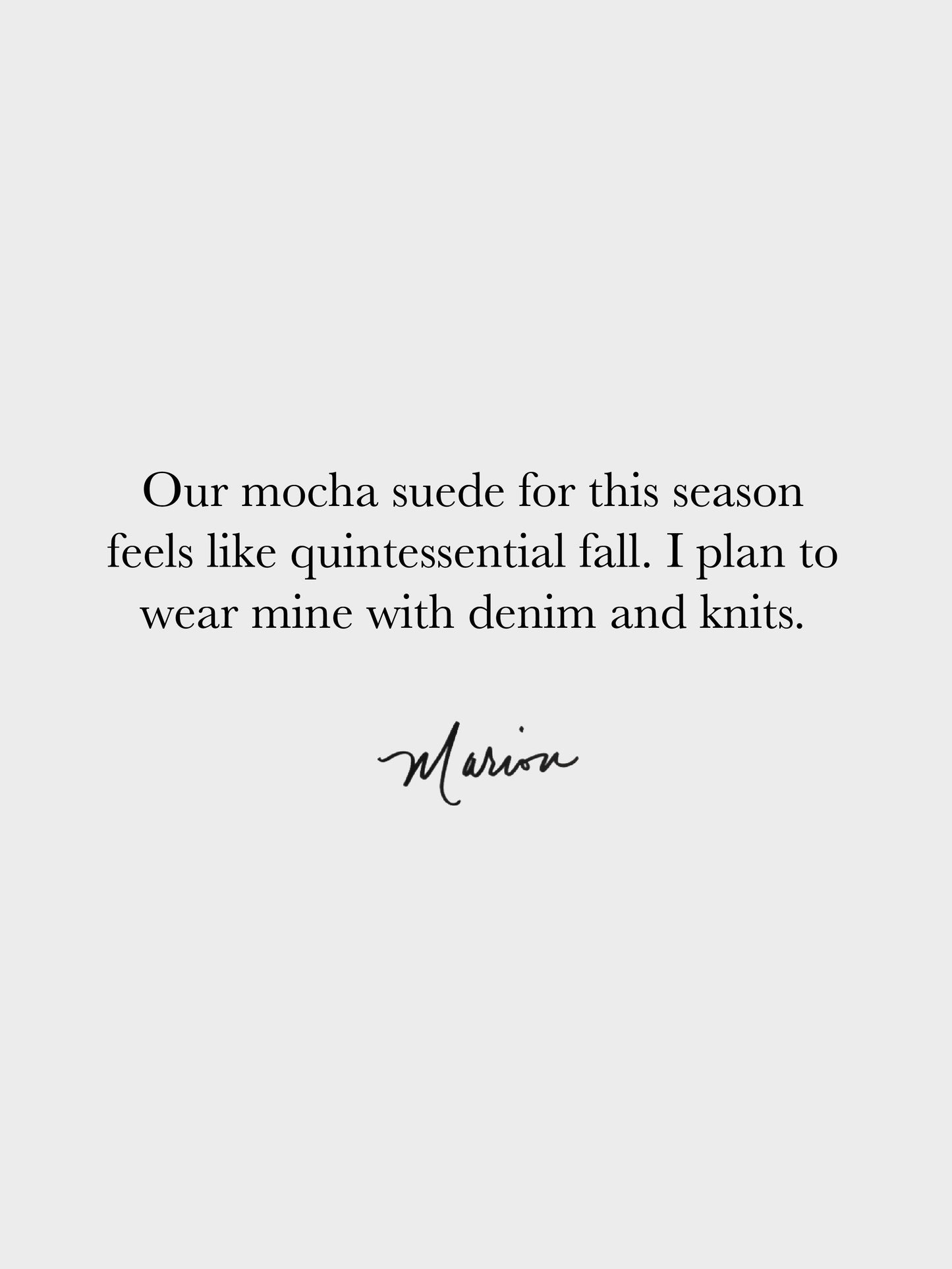 Text on a white background describing a block heel pump in mocha suede.