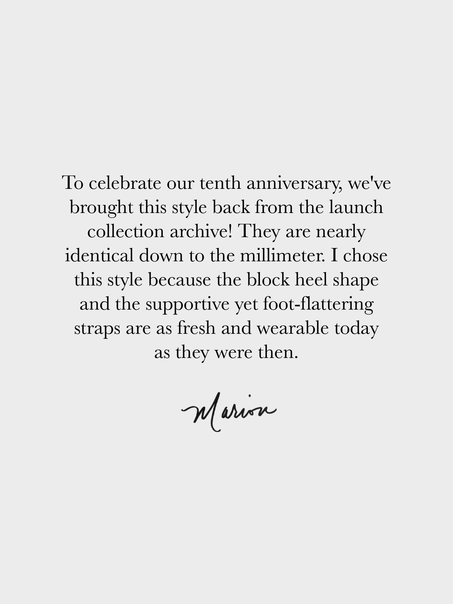 Text on a white background celebrating a product's tenth anniversary and its design features.