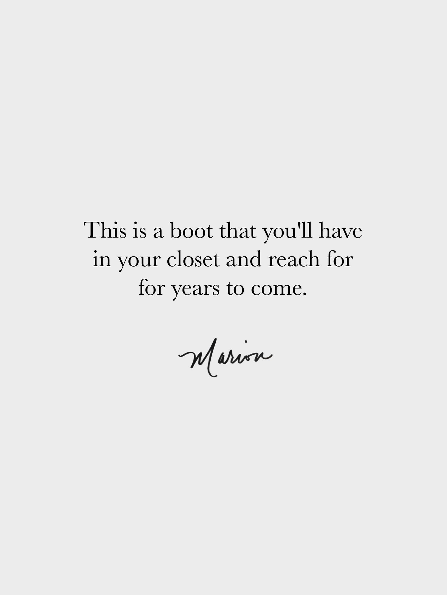 Text on a light gray background describing a boot with a signature at the bottom.