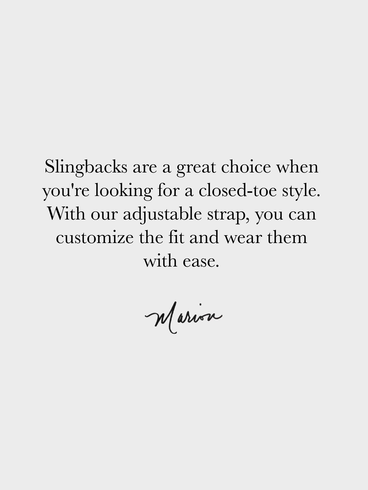 Text on a white background about slingback shoes with adjustable straps.