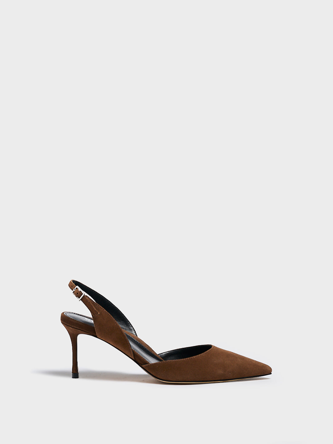 Profile view of a mocha brown suede slingback heel with a pointed toe.