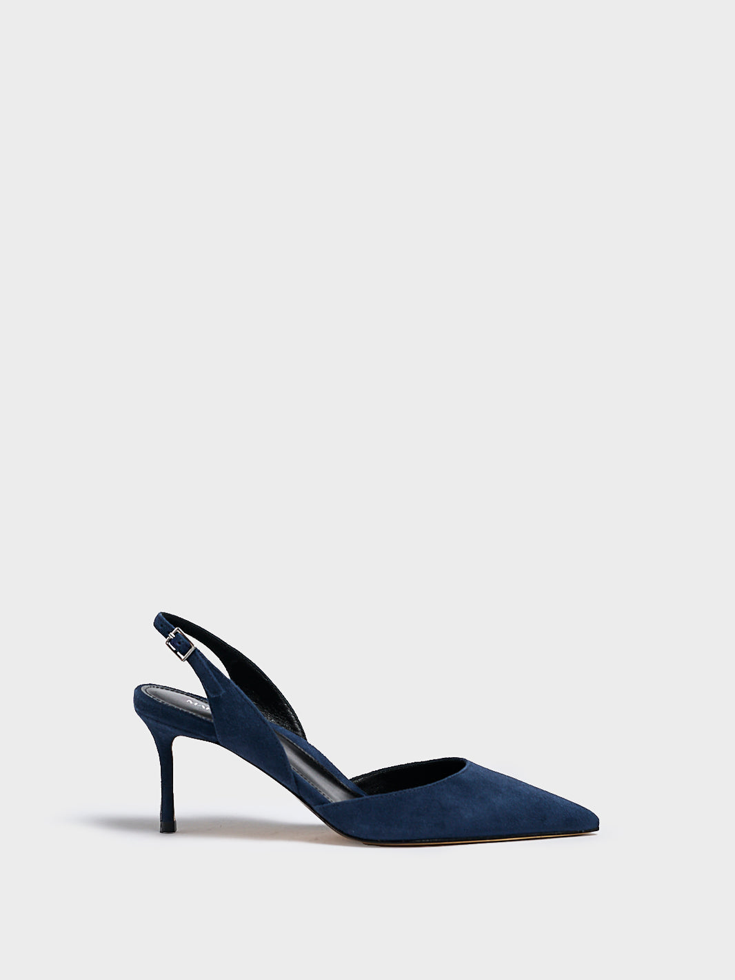 Profile view of a navy blue suede slingback heel with a pointed toe.
