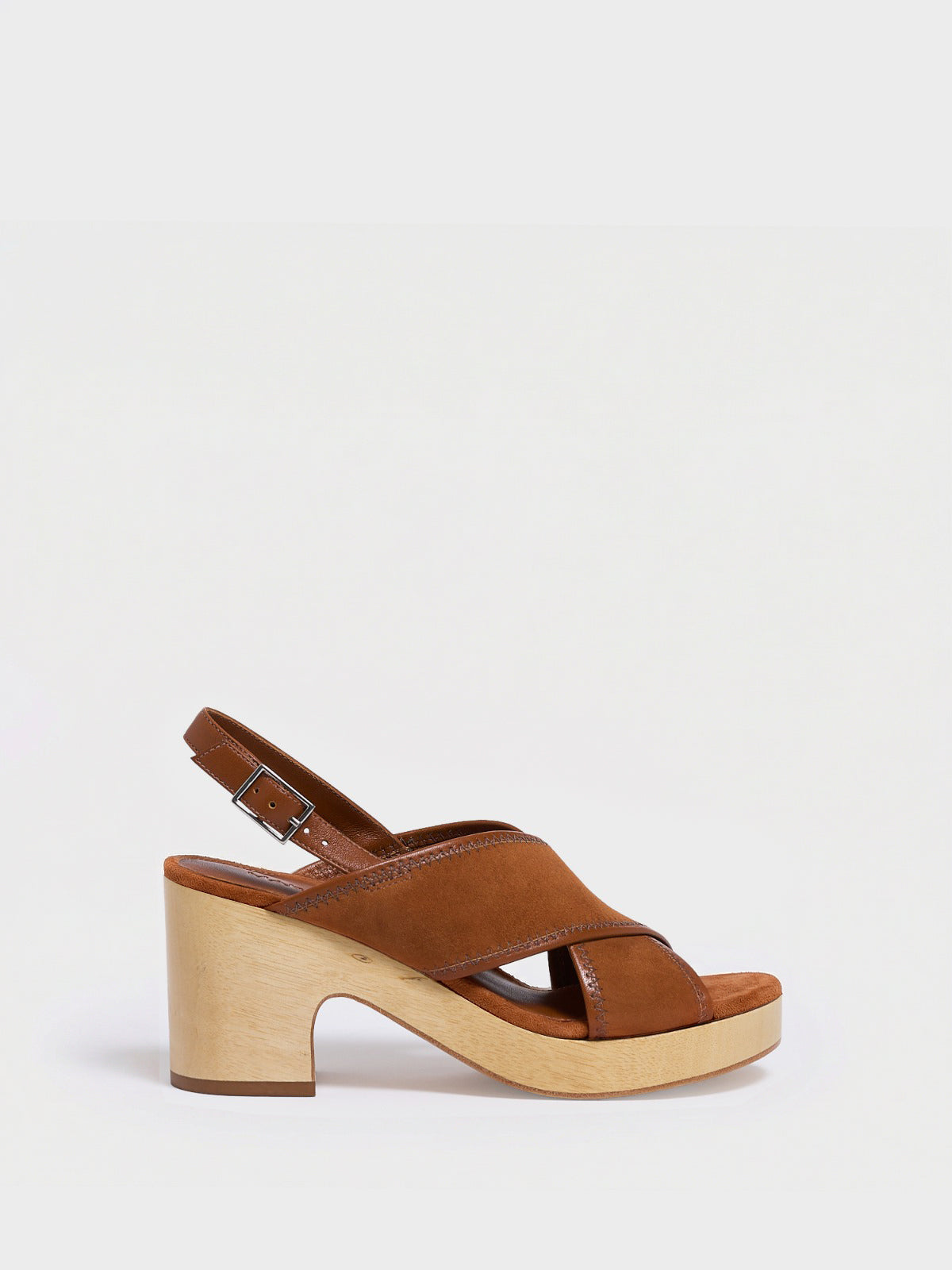 Profile View of a chestnut leather block heel sandal with an adjustable ankle strap design.