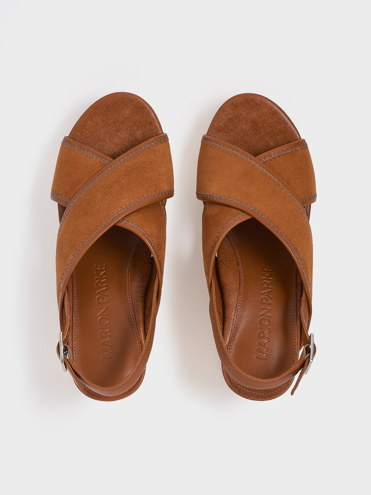 Top View of a pair of chestnut leather block heel sandals with an adjustable ankle strap design.