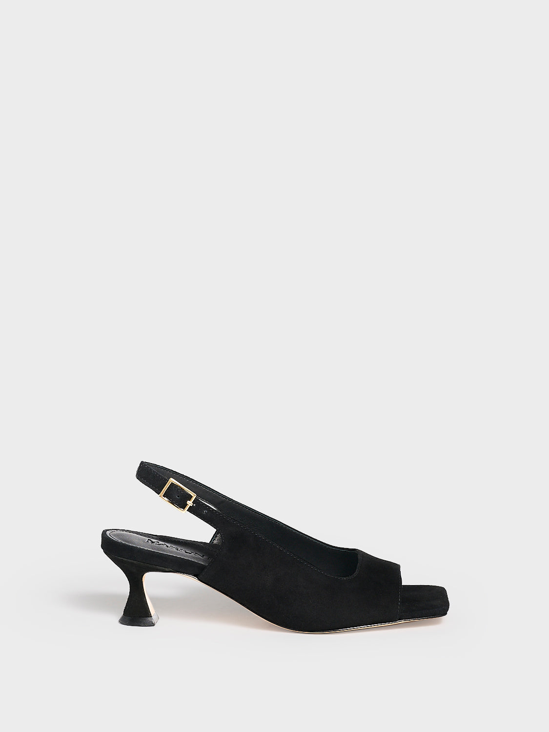 Profile view of a black suede slingback sandal with a flared kitten heel and square toe detail.