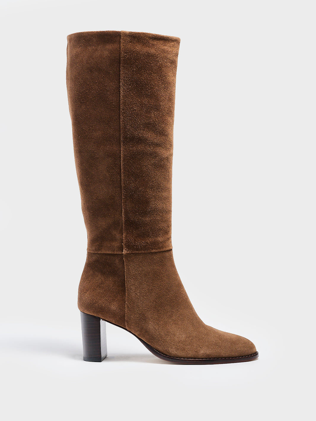 Profile view of a mocha brown suede scrunch tall boot with a block heel and round toe.