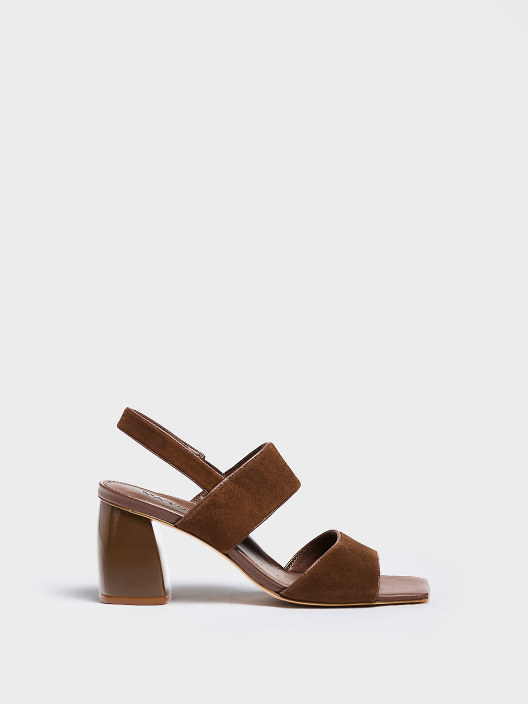 Profile view of a mocha brown suede block heel sandal with two over the foot straps and a square toe. 