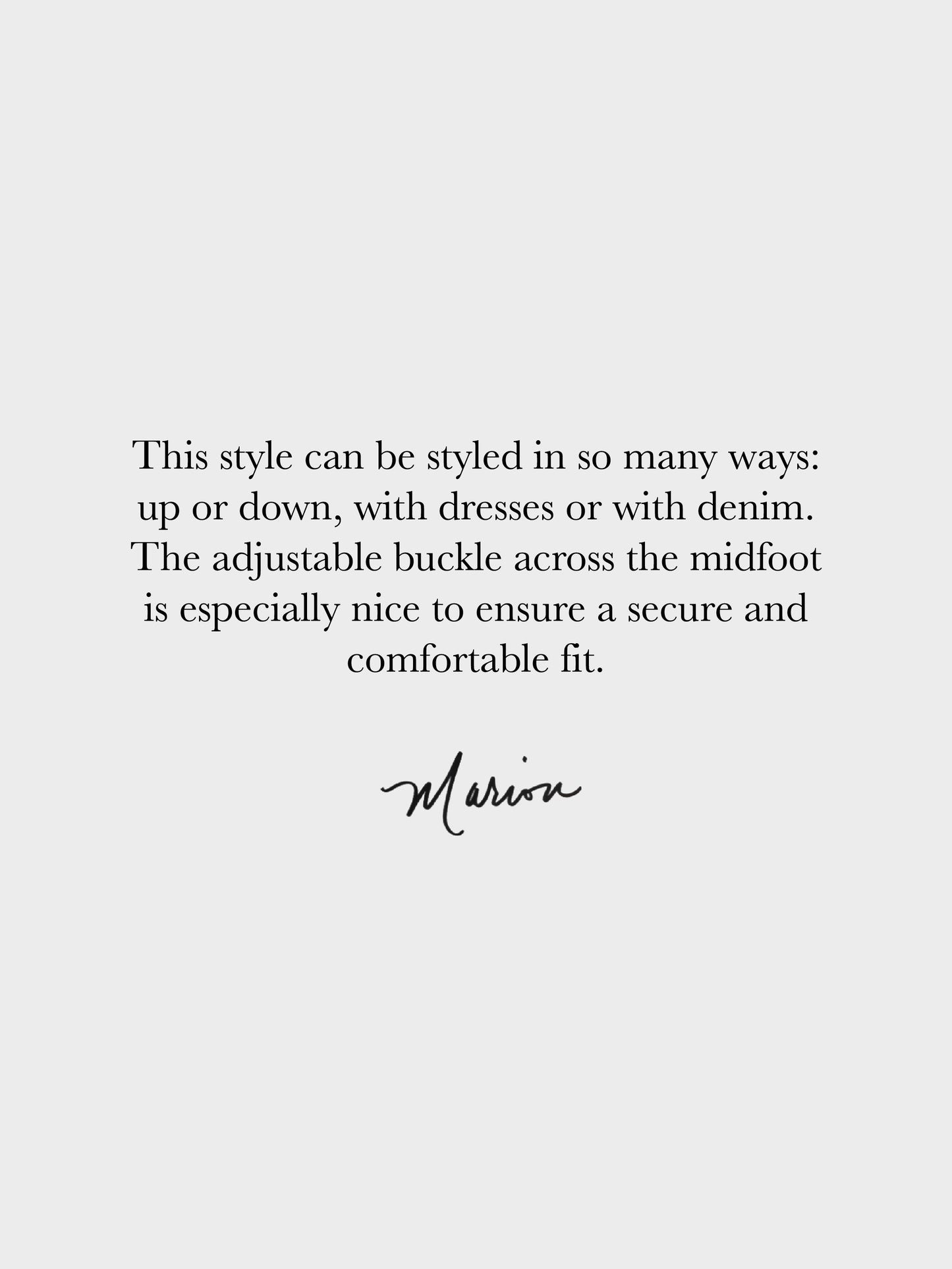 Text describing style versatility and product feature on a white background