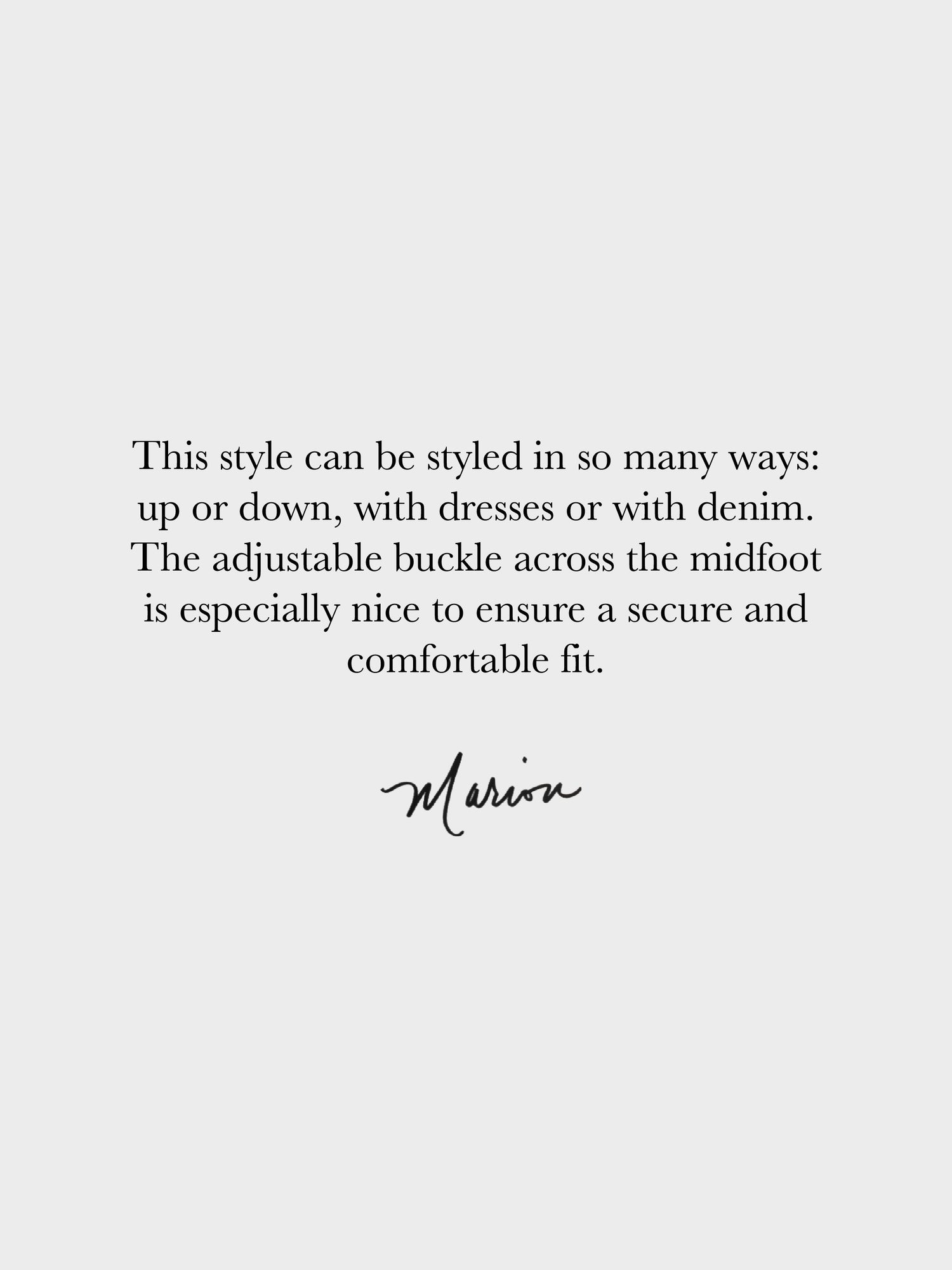Text describing style versatility and product feature on a white background