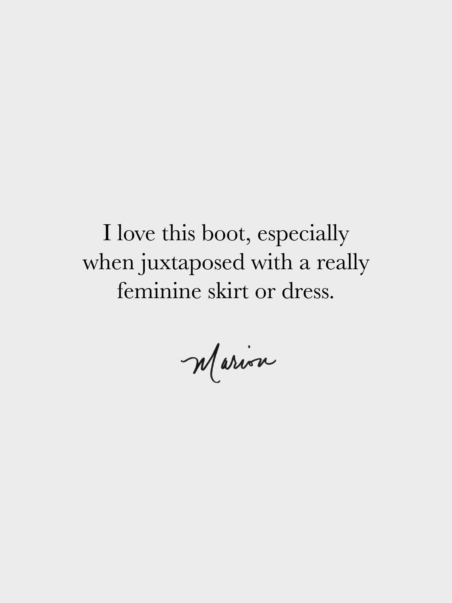 Text on a white background describing how to style a boot with a signature at the bottom.