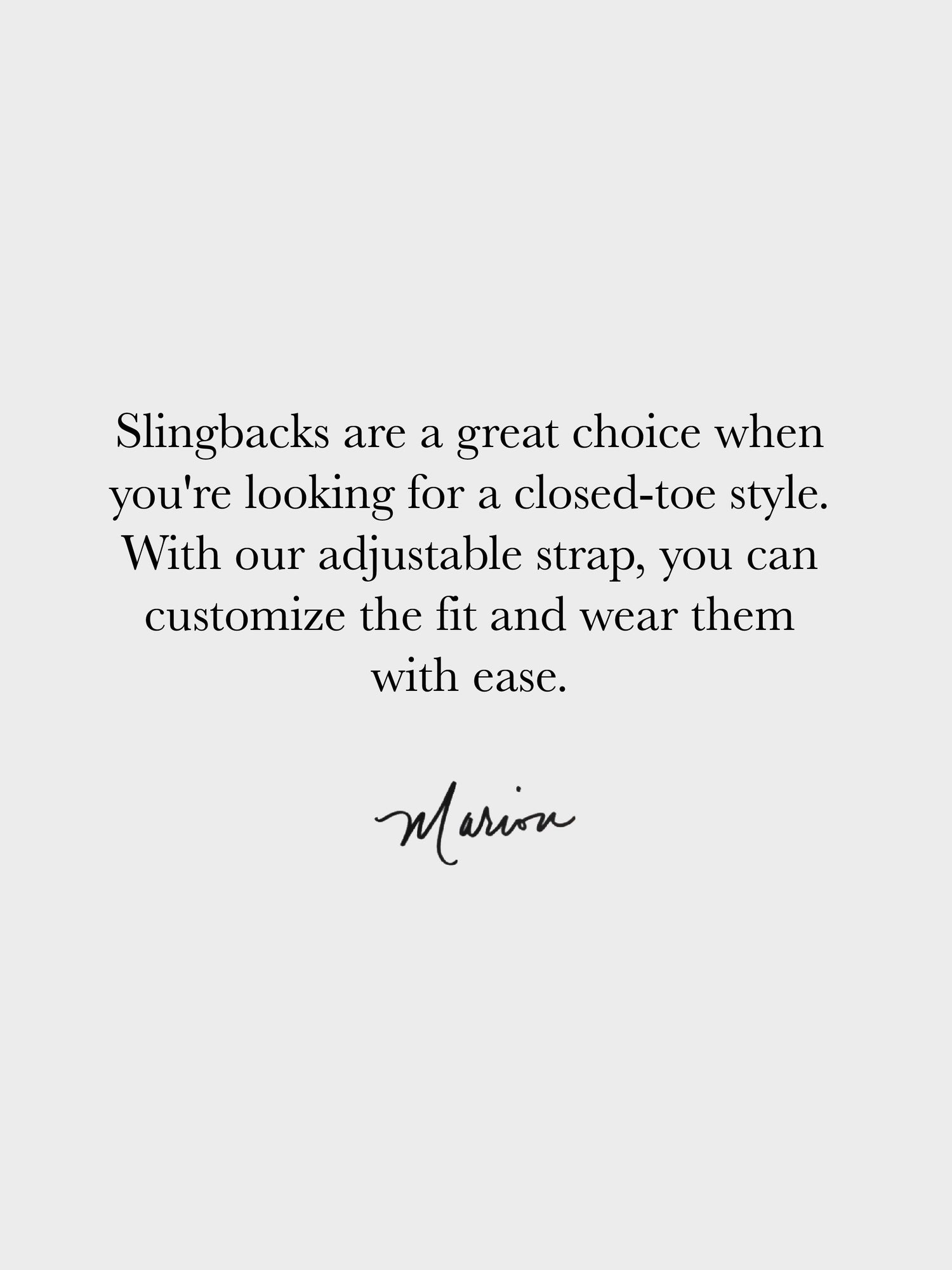 Text on a white background about slingback shoes with adjustable straps.