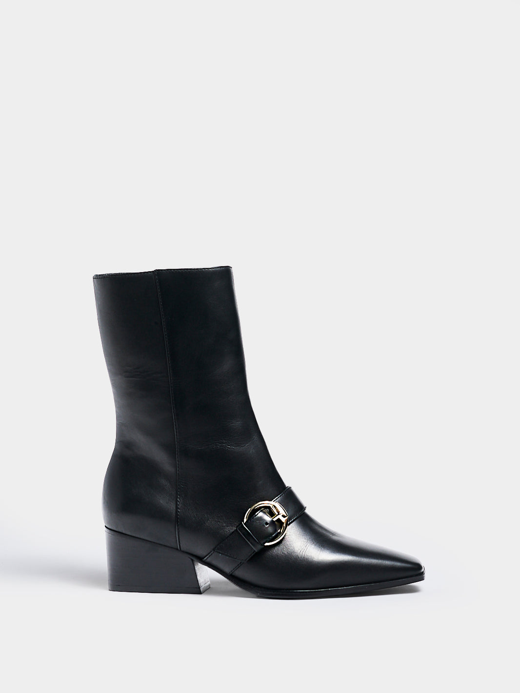 Profile view of a black nappa leather  ankle bootie with a zipper closure, silver buckle, and block heel. 