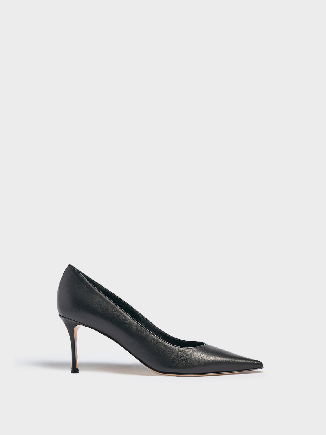 Profile view of a black leather high stiletto heel pump with a pointed toe.