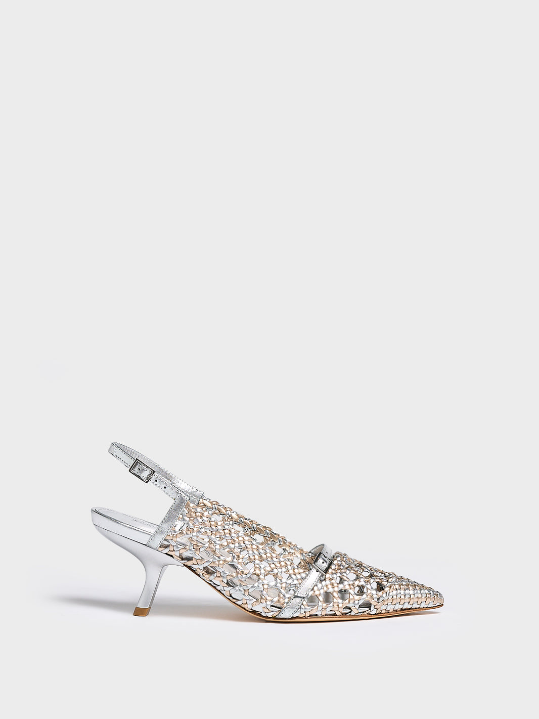 Profile view of a silver and gold metallic braided leather kitten heel with a slingback detail.