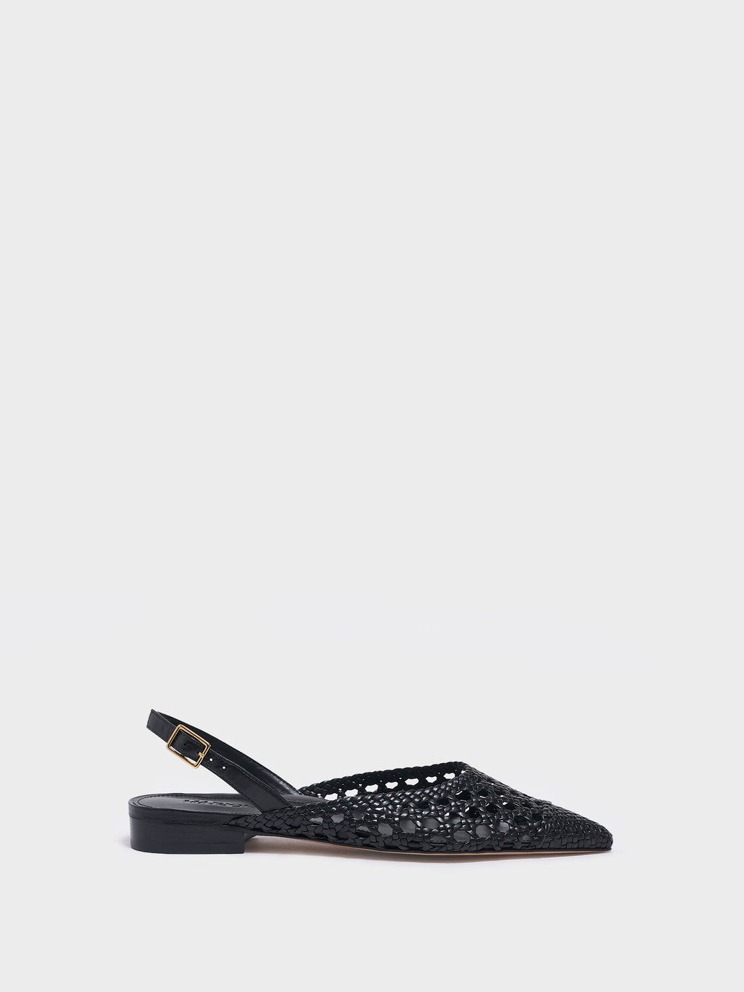 Profile view of a black braided leather slingback flat with a pointed toe
