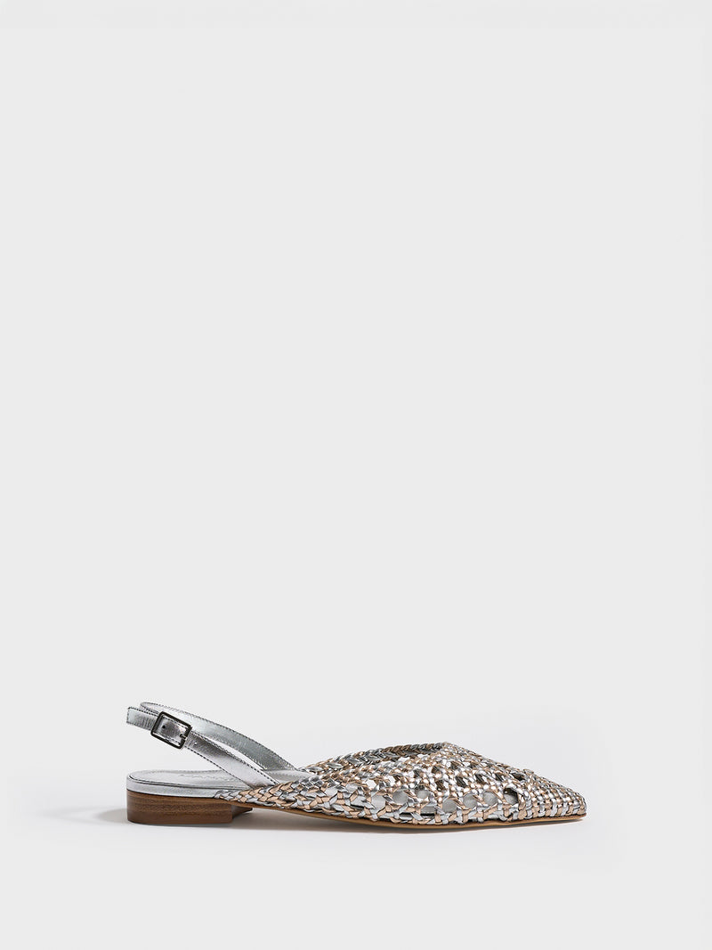 Profile view of a silver and gold metallic braided leather slingback flat.